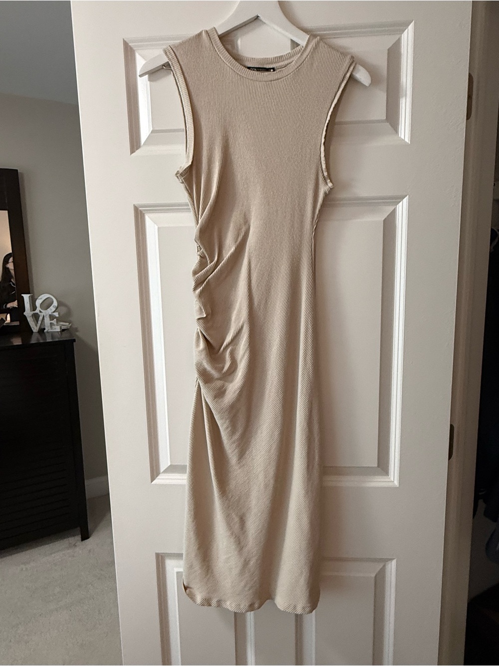 Zara Sleeveless Beige Ruched Midi Dress